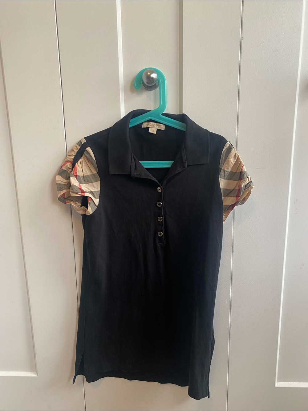 Burberry Black Polo Top with Beige Check Cap Sleeves